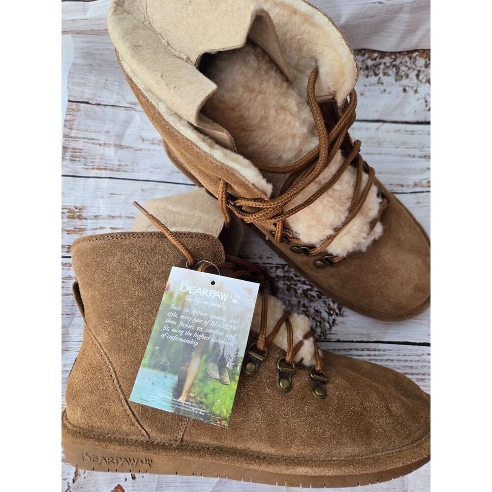 Bearpaw Shearling Lined Suede Boots | Tan Lace-Up Winter Boot New